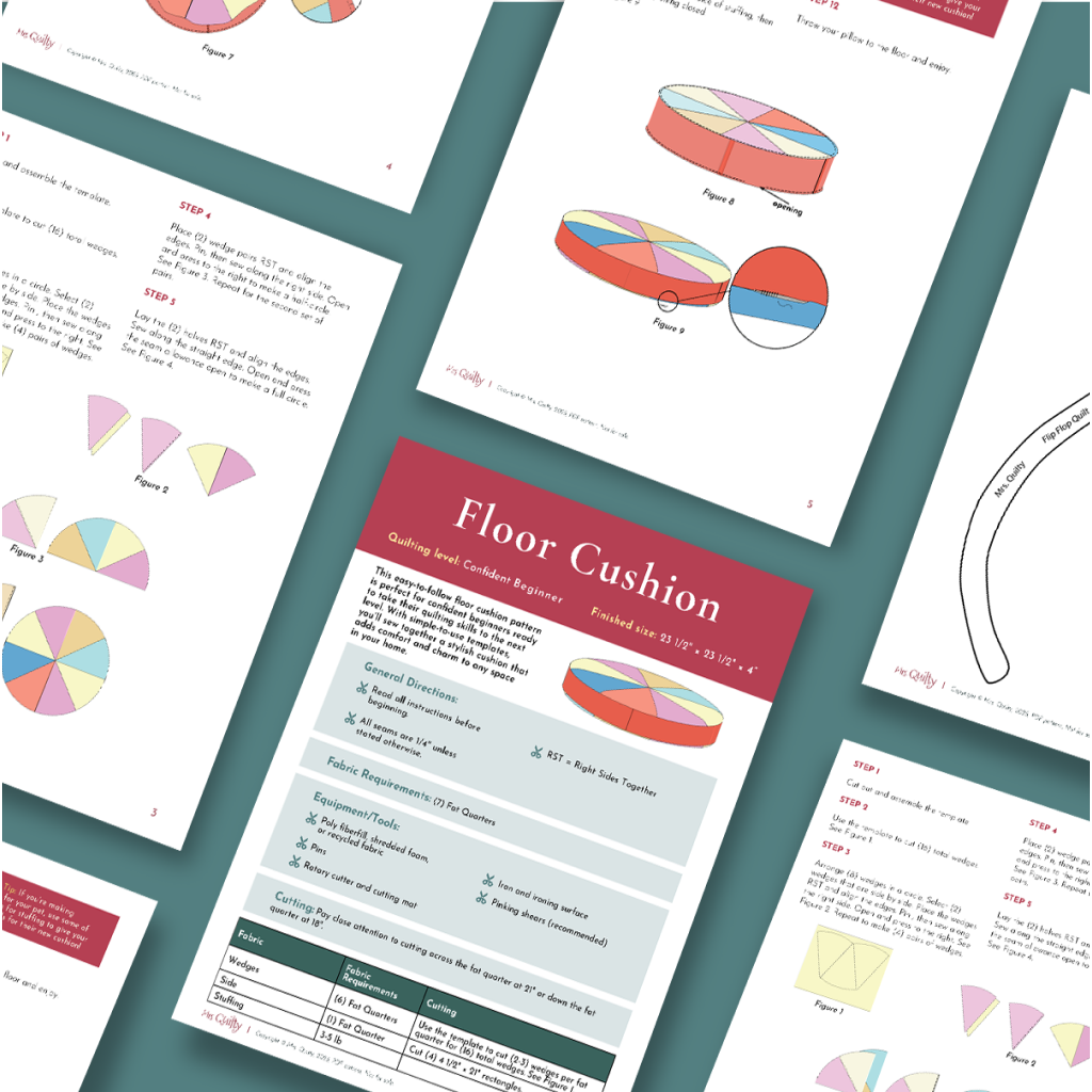 The Floor Cushion Downloadable PDF Quilt Pattern is displayed on a teal surface, showing detailed illustrated instructions, diagrams, pie charts, and step-by-step text for beginner-friendly quilting and assembly.