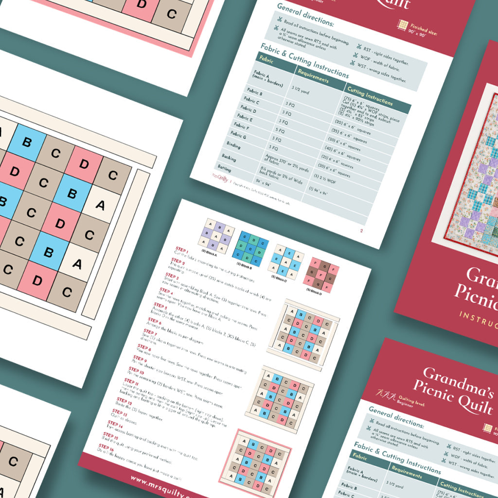 The Grandma's Picnic Quilt Downloadable PDF Quilt Pattern includes quilt instructions, fabric key charts, block diagrams, cutting guides, step lists, and a finished quilt image.