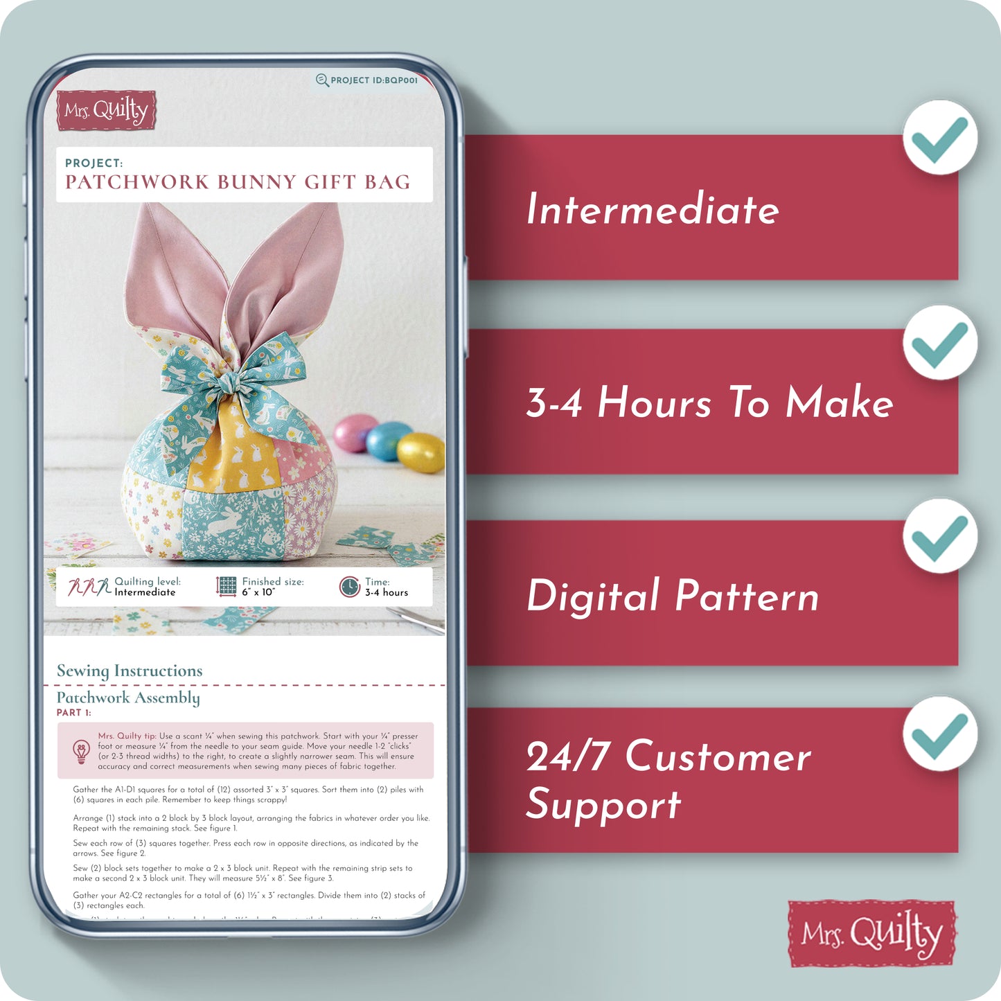 Patchwork Bunny Gift Bag Digital PDF Pattern