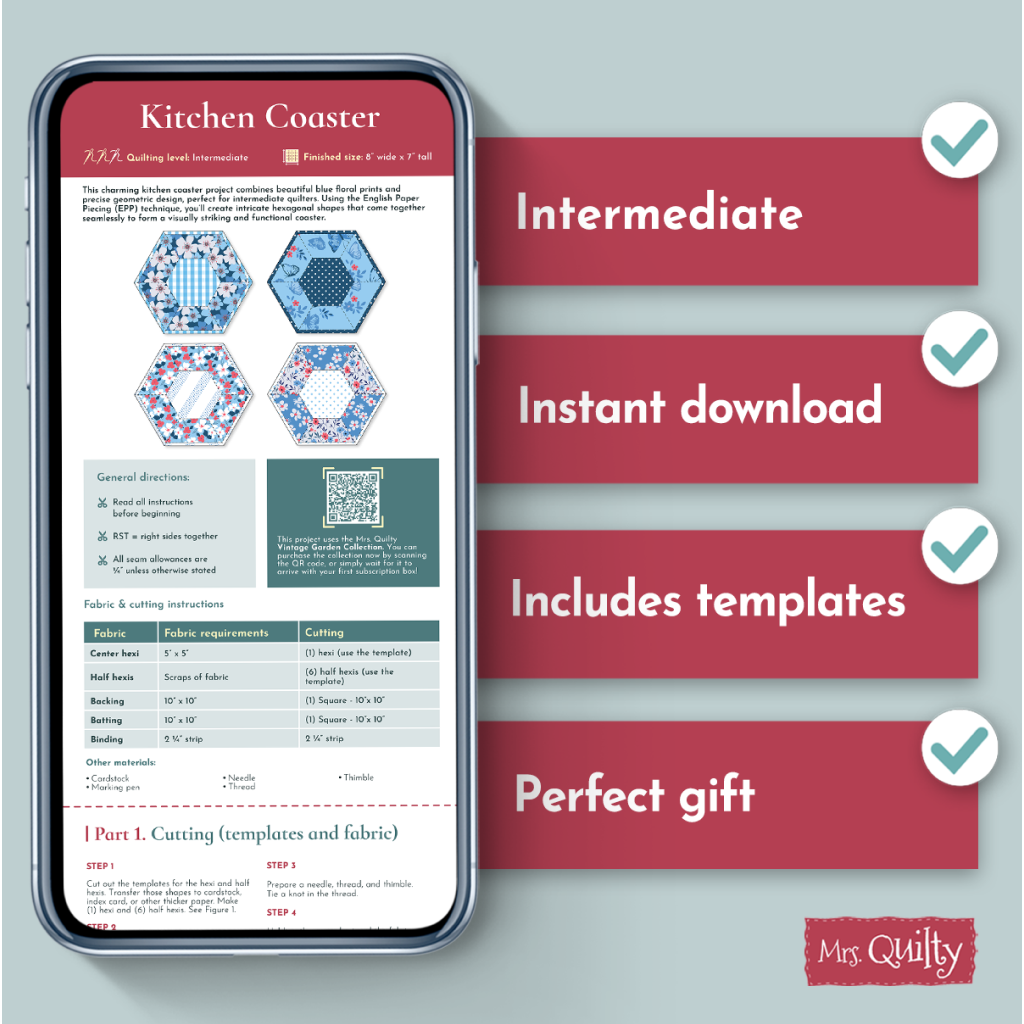 The Kitchen Coaster Downloadable PDF Quilt Pattern features a geometric quilting design, step-by-step instructions, templates, and is ideal for intermediate quilters. It's an instant download and makes a perfect gift.