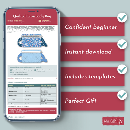 A phone shows the Quilted Crossbody Bag Downloadable PDF Quilt Pattern. Four checklists highlight: ideal for intermediate quilters, instant PDF download, includes templates, and perfect for home décor or as gifts.