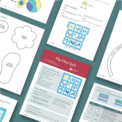 The Flip Flop Quilt Downloadable PDF Quilt Pattern features beginner-friendly instructions, templates, diagrams, cutting guides, assembly steps, and labeled fabric charts for making a flip flop quilt or floor cushion.
