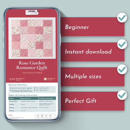 A smartphone displays Bundle of 6 Quilt Patterns instructions; text highlights beginner-friendly designs, instant download, multiple sizes, and makes a perfect gift.
