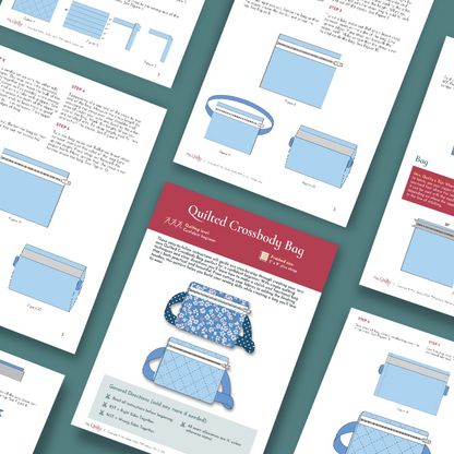 The Quilted Crossbody Bag Downloadable PDF Quilt Pattern includes illustrated instructions, guiding intermediate quilters to create a stylish bag with patterned fabric—a great project for unique home décor fans.