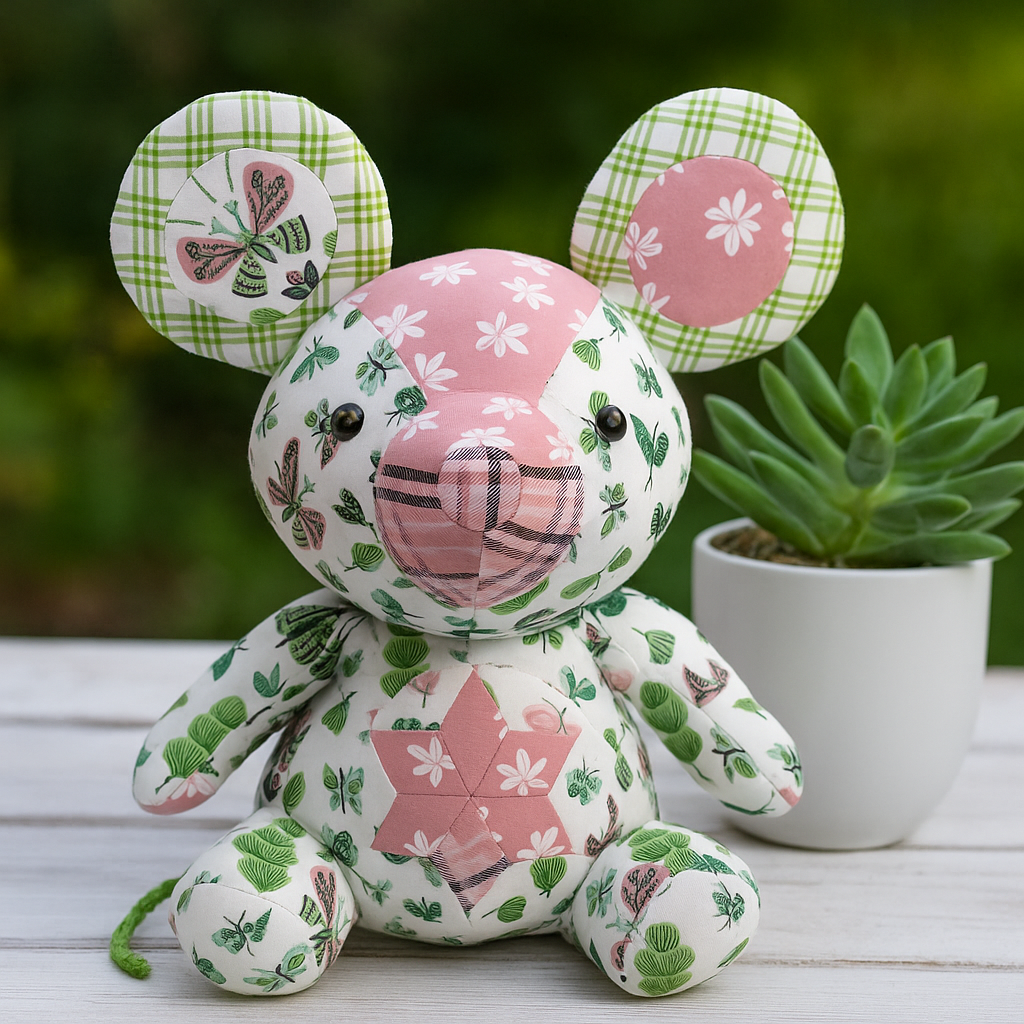 Momo the Mouse, crafted from the Momo the Mouse Downloadable PDF Quilt Pattern, features floral and plaid patchwork and sits next to a small potted succulent on a white wooden surface.