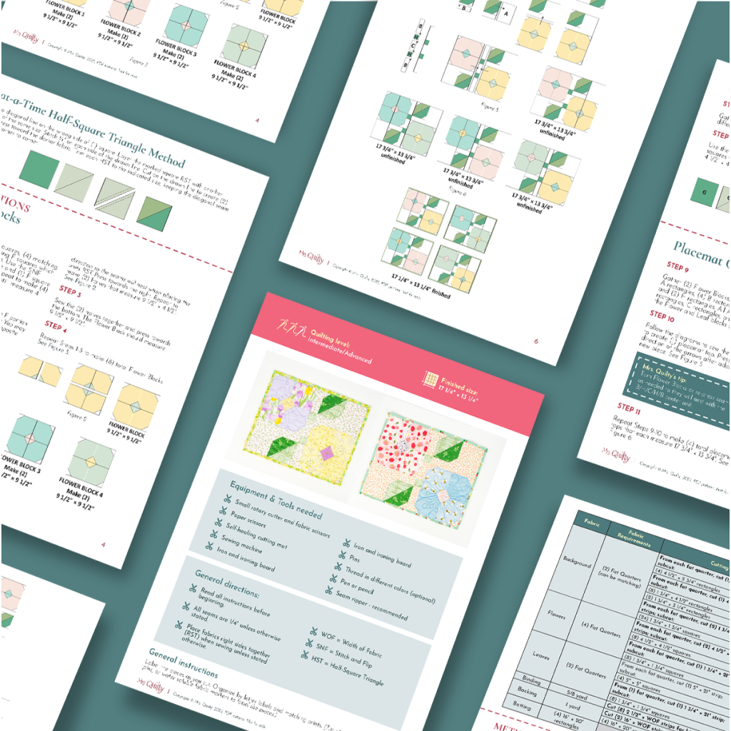 The Flower Placemats Downloadable PDF Quilt Pattern includes instructional sheets with diagrams, fabric measurements, and sewing steps for quilt techniques, all arranged on a teal background.