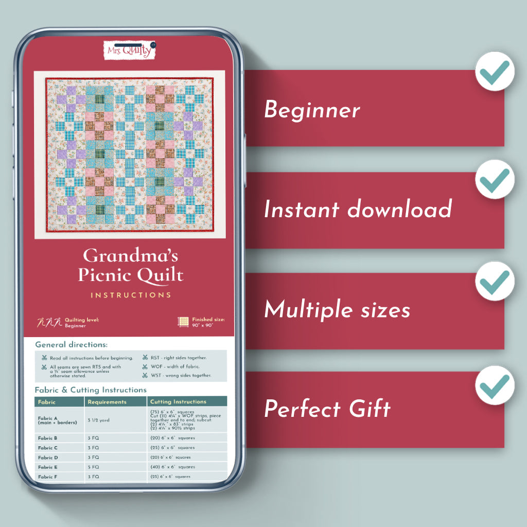 A smartphone shows the "Grandma's Picnic Quilt Downloadable PDF Quilt Pattern" with checked features: Beginner, Instant download, Multiple sizes, Perfect gift.