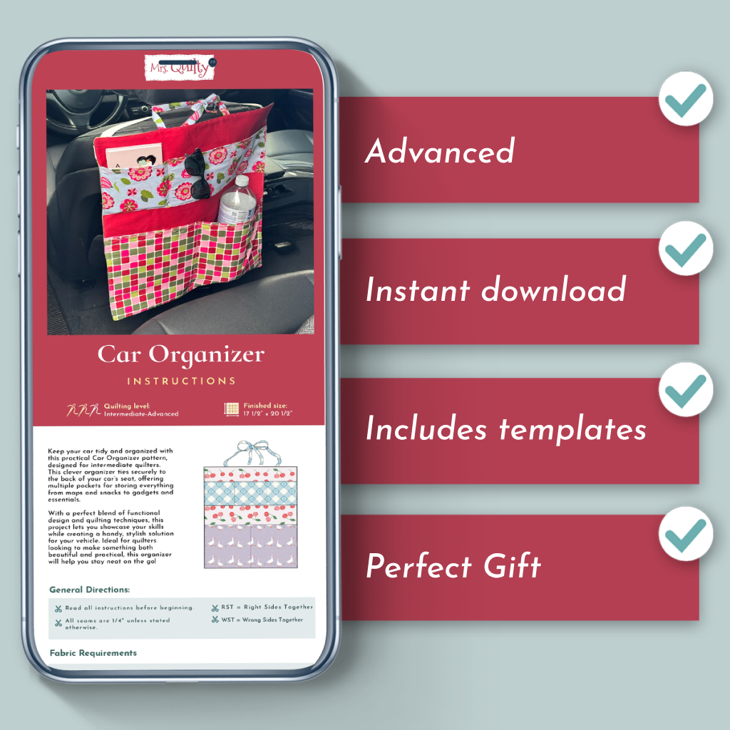 A smartphone shows car organizer instructions for the Car Organizer Downloadable PDF Quilt Pattern, featuring an advanced-level checklist, instant download, quilted organizer templates, and making a perfect gift.