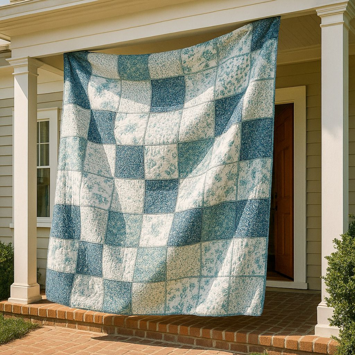 A blue and white patchwork quilt made with the Bundle of 6 Quilt Patterns—featuring beginner to intermediate floral and patterned squares—hangs on the front porch of a house with white columns and light siding.