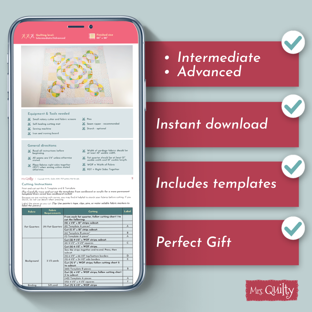 A smartphone shows the Floral Quilt Downloadable PDF Quilt Pattern with checkmarks: intermediate/advanced level, instant download, includes templates, and makes a perfect gift. Mrs. Quilty logo is displayed.