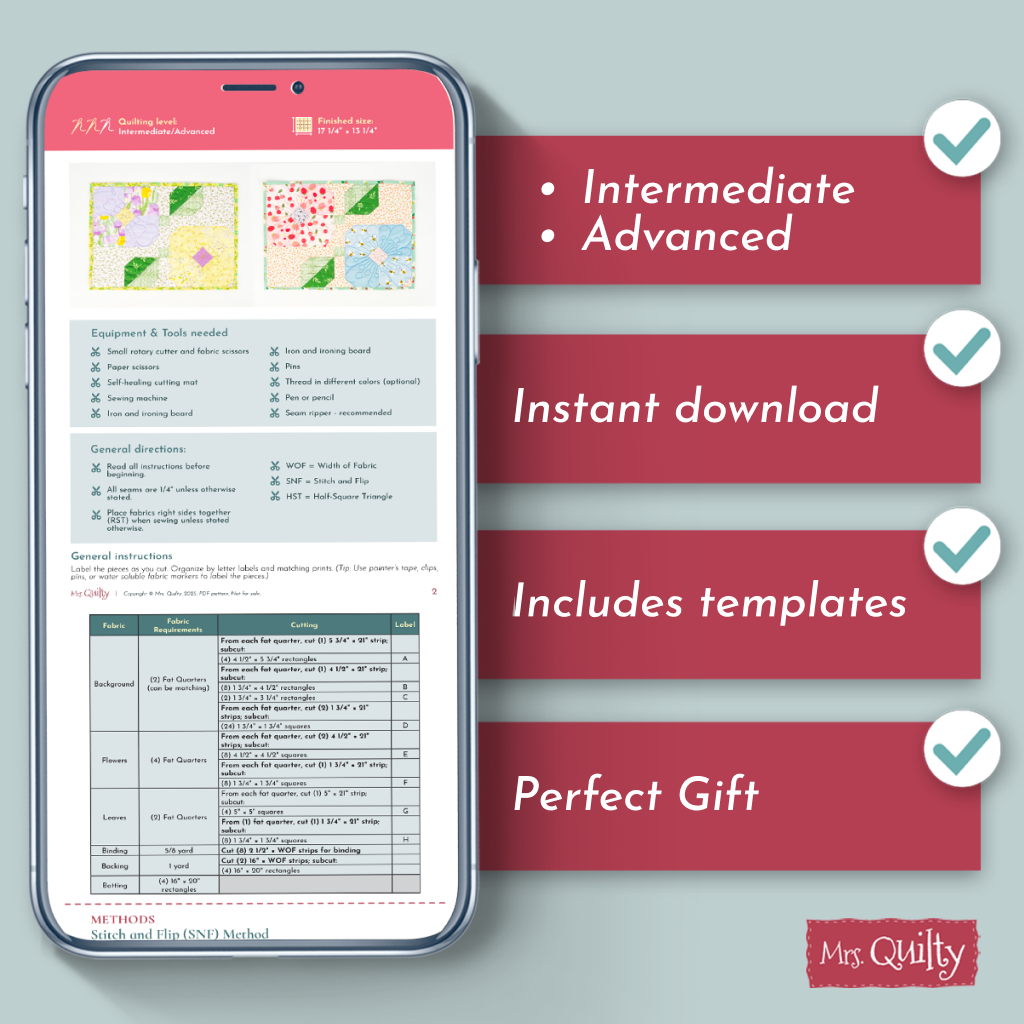 A phone shows the Flower Placemats Downloadable PDF Quilt Pattern with Churn Dash block steps and templates. A checklist notes "Intermediate," "Advanced," "Instant download," and "Perfect Gift"—all with a handmade touch.