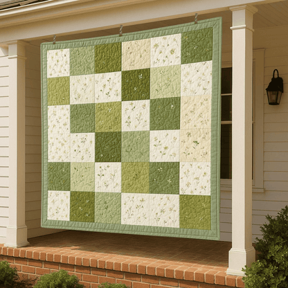 A "Bundle of 6 Quilt Patterns," perfect for beginners to intermediates, is displayed as a green and white patchwork quilt hanging from the ceiling of a porch in front of a white house with brick steps.