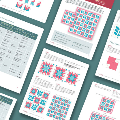 Several pages from the Pink Garden Blues Quilt Downloadable PDF Quilt Pattern are spread out, showing beginner-friendly diagrams, tables, and step-by-step assembly illustrations for easy quilting.