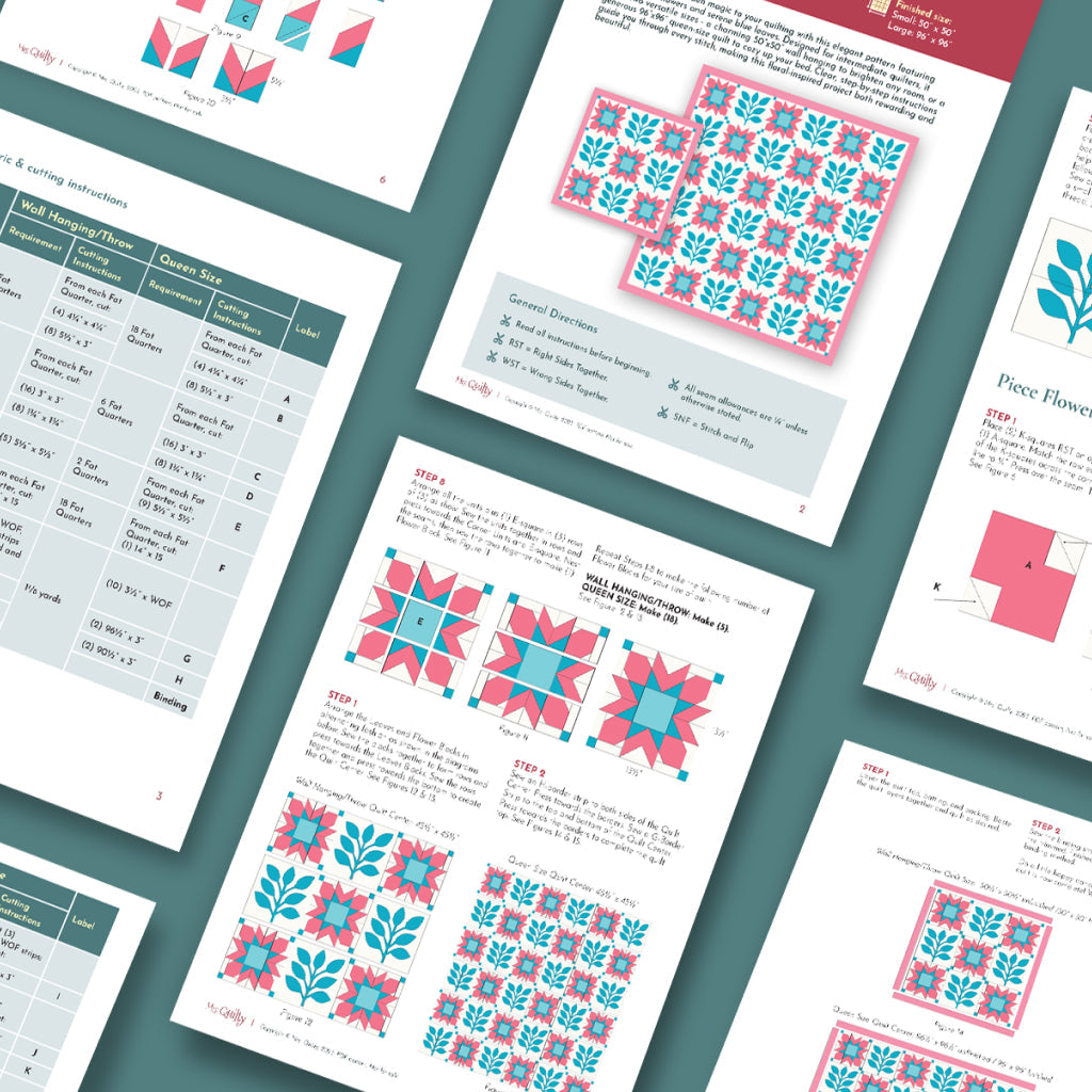 The Bundle of 6 Quilt Patterns features instructional pages with colorful quilt patterns, diagrams, tables, and beginner-friendly assembly directions on a teal background.