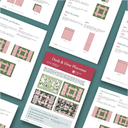 A flat lay of the Dash & Dine Placemat Downloadable PDF Quilt Pattern, showcasing detailed diagrams, text, and images of finished green and pink geometric patchwork placemats—ideal for quilted laptop sleeves or custom-size projects.