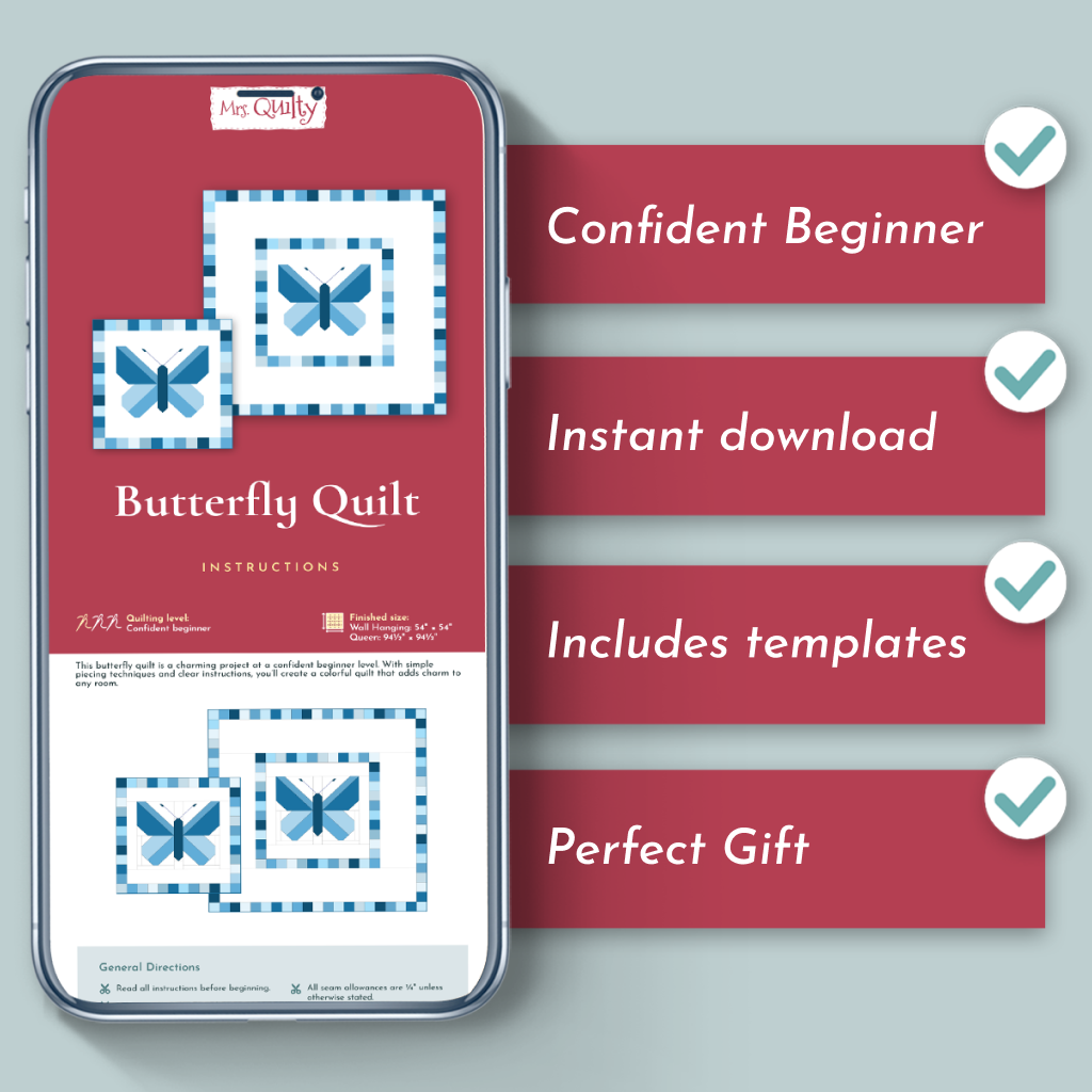 The Butterfly Quilt Downloadable PDF Quilt Pattern displays blue butterfly designs and includes four check-marked features: Beginner-friendly pattern, Instant download, Templates included, and makes a Perfect Gift.