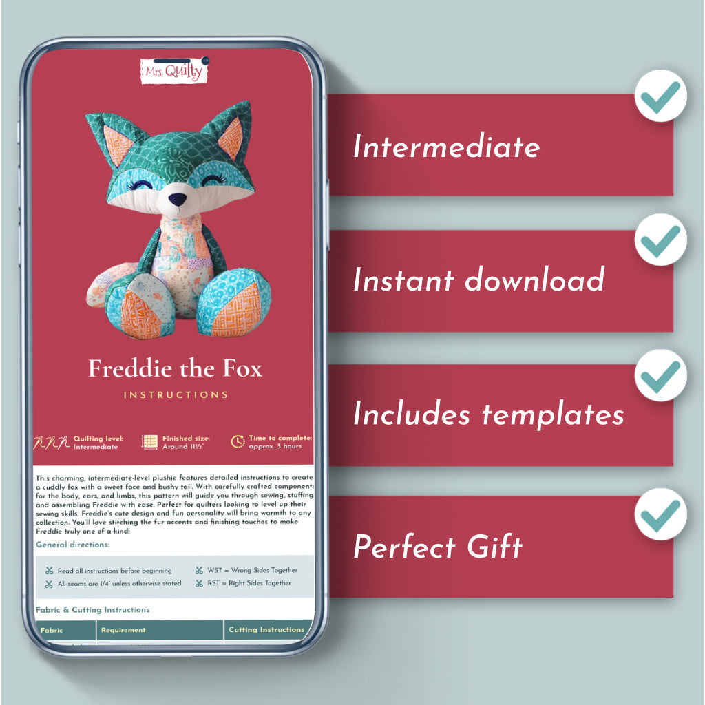 A smartphone displays the "Freddie the Fox Downloadable PDF Quilt Pattern" with four features: Intermediate, Instant download, Includes templates, and Perfect Gift, on a pink and blue background—a cuddly fox toy quilting project.