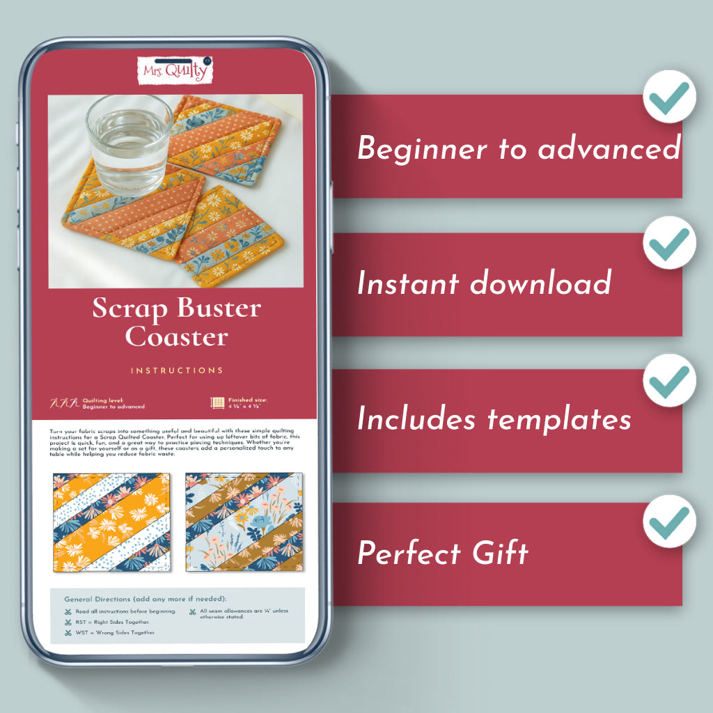 The Scrap Buster Coaster Downloadable PDF Quilt Pattern is shown on a tablet, with notes highlighting beginner-friendly instructions, instant download, included templates, and the perfect way to turn fabric scraps into thoughtful gifts.