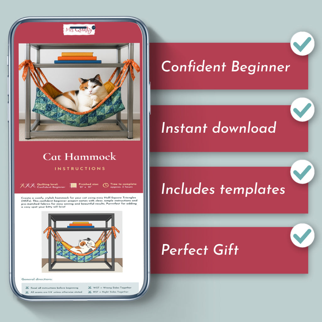 A smartphone displays the Cat Hammock Quilt Downloadable PDF Quilt Pattern; next to it are checklists noting beginner confidence, instant download, included templates, and gift suitability.