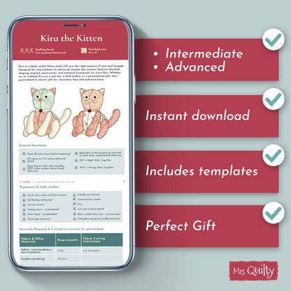 A smartphone displays the "Kira the Kitten Downloadable PDF Quilt Pattern." Checkmarks showcase its features: for intermediate/advanced quilters, instant download, includes templates, plus tips on using the disappearing 4-patch quilting technique.
