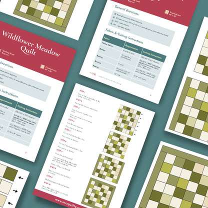 The Wildflower Meadow Quilt Downloadable PDF Quilt Pattern features diagrams, cutting instructions, and step-by-step directions on a teal background—ideal for nature-inspired quilting enthusiasts.