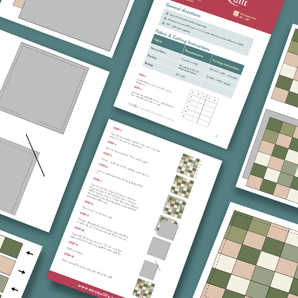 Top-down view of the Vintage Garden Quilt Downloadable PDF Quilt Pattern, featuring floral designs, diagrams, fabric requirements, cutting guides, and beginner-friendly step-by-step instructions on a teal background.
