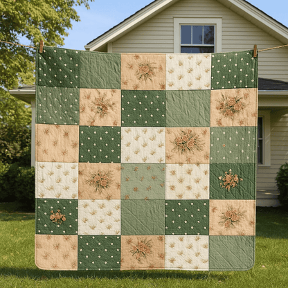 A "Bundle of 6 Quilt Patterns" featuring green, beige, and cream floral and polka dot square motifs is displayed on a clothesline in front of a house.