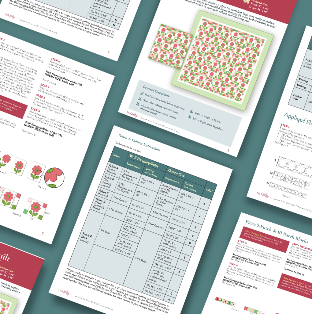Several instruction pages from the Posey Pink Downloadable PDF Quilt Pattern are arranged on a teal surface, featuring diagrams, charts, tables, text instructions, and floral fabric illustrations.