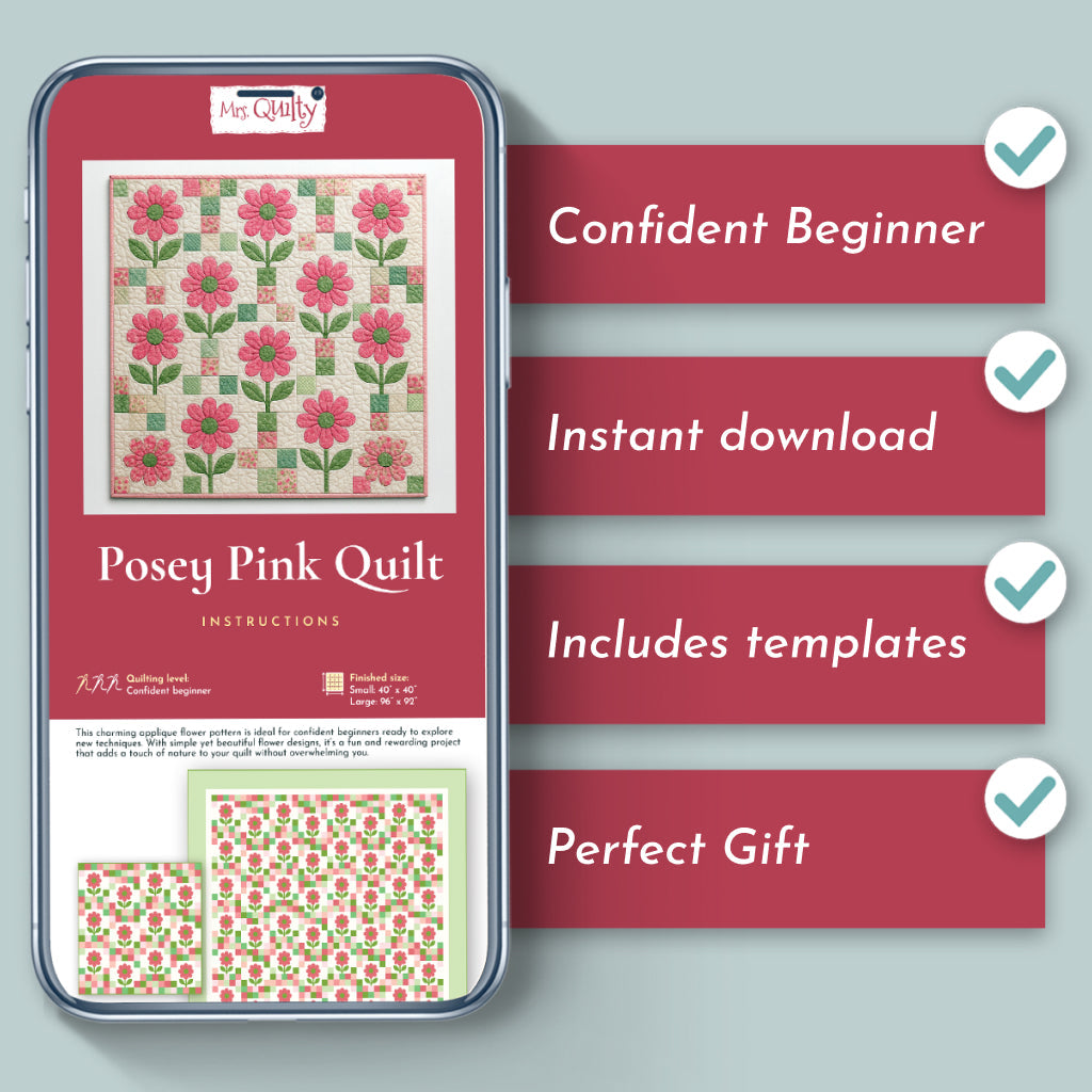 The smartphone shows the Posey Pink Downloadable PDF Quilt Pattern, featuring a floral quilt design. This beginner pattern is an instant digital download with templates included, making it perfect for gifting.