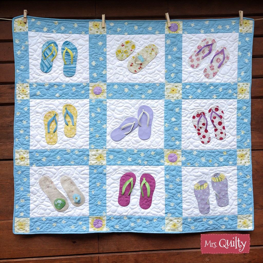 The Flip Flop Quilt Downloadable PDF Quilt Pattern features a blue and white patchwork with colorful appliqué flip-flop designs, creating a playful look. The quilt is displayed on a wooden background.