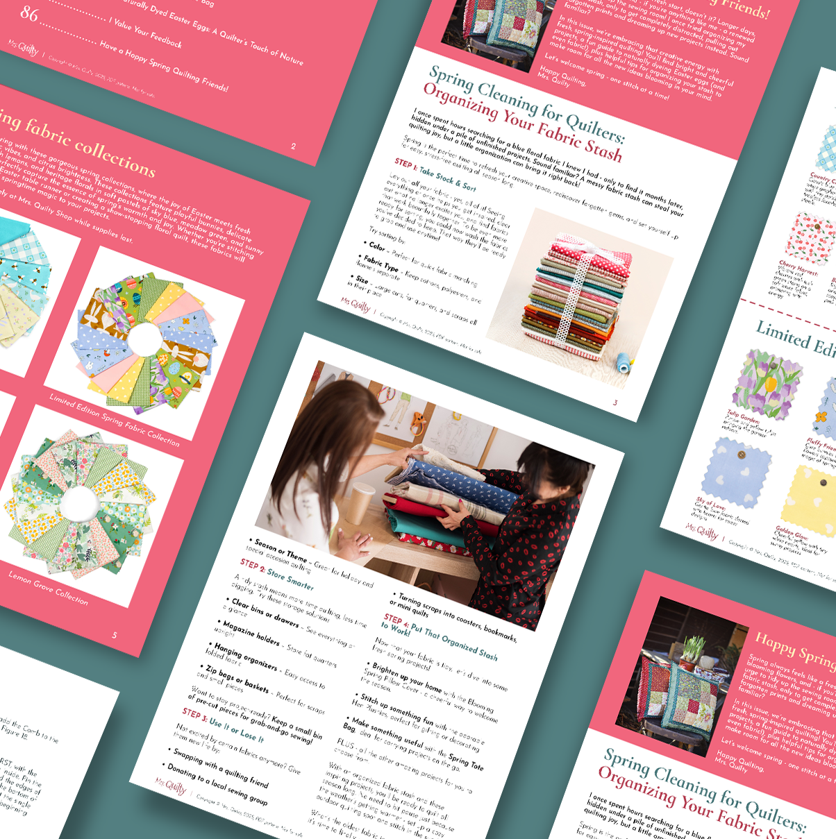 The Spring Magazine – 8 Quilting Patterns Inside! Downloadable PDF features an array of quilting guide pages with patterns, organizing tips, and fabric collections on a teal background, providing ideas for customizable seasonal decor projects like Valentine's Day door hangers.