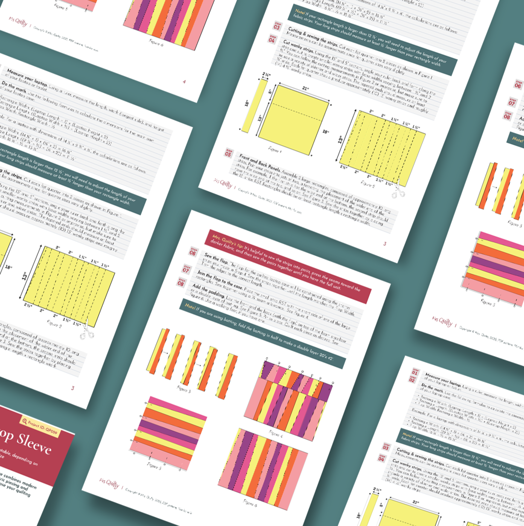Technical diagrams, charts, and equations are displayed on a teal surface beside a Stylish Quilted Laptop Sleeve made with geometric patchwork, created using the downloadable PDF Quilt Pattern.