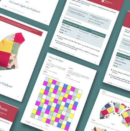 The Quilo the Elephant Downloadable PDF Quilt Pattern features instructional pages with diagrams, colorful patchwork designs, and step-by-step sewing guides—perfect inspiration for your next handmade gift.