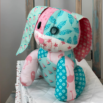Bonnie the Bunny Downloadable PDF Quilt Pattern lets you create a large quilted bunny plushie with teal, pink, and white patchwork—an adorable handmade keepsake for any collection.