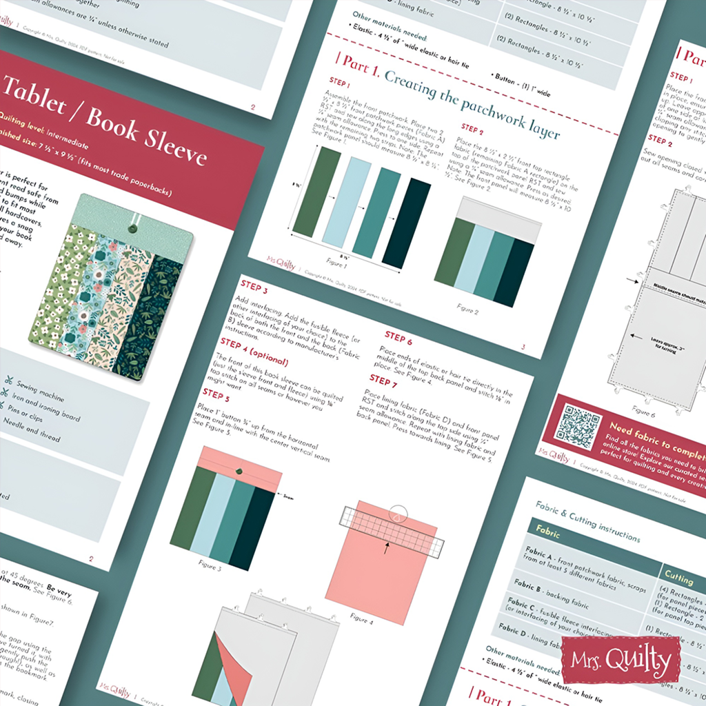 Flat lay of the Book Sleeve Downloadable PDF Quilt Pattern by Mrs. Quilty, featuring illustrated step-by-step instructions, diagrams, fabric lists, and the Mrs. Quilty logo for sewing a padded book cover.