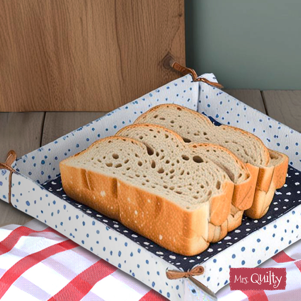 The Bread Basket Downloadable PDF Quilt Pattern features a decorative storage basket design, inspired by four slices of white bread on a wooden surface beside a red and white checkered cloth.