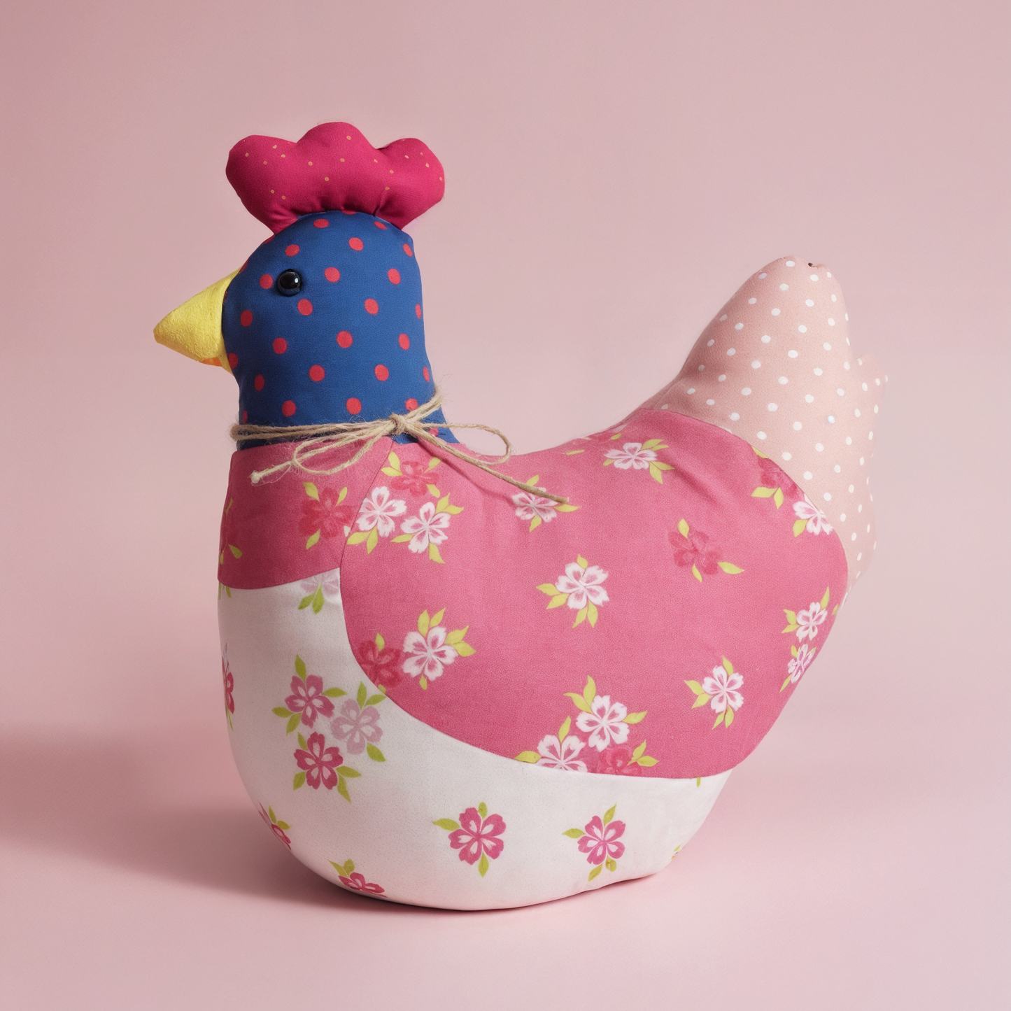 Henrietta the Hen Downloadable PDF Quilt Pattern features a fabric chicken design with a blue head, red comb, yellow beak, and pink floral-patterned body—great for introducing kids to farm animal quilting. Pink background included.