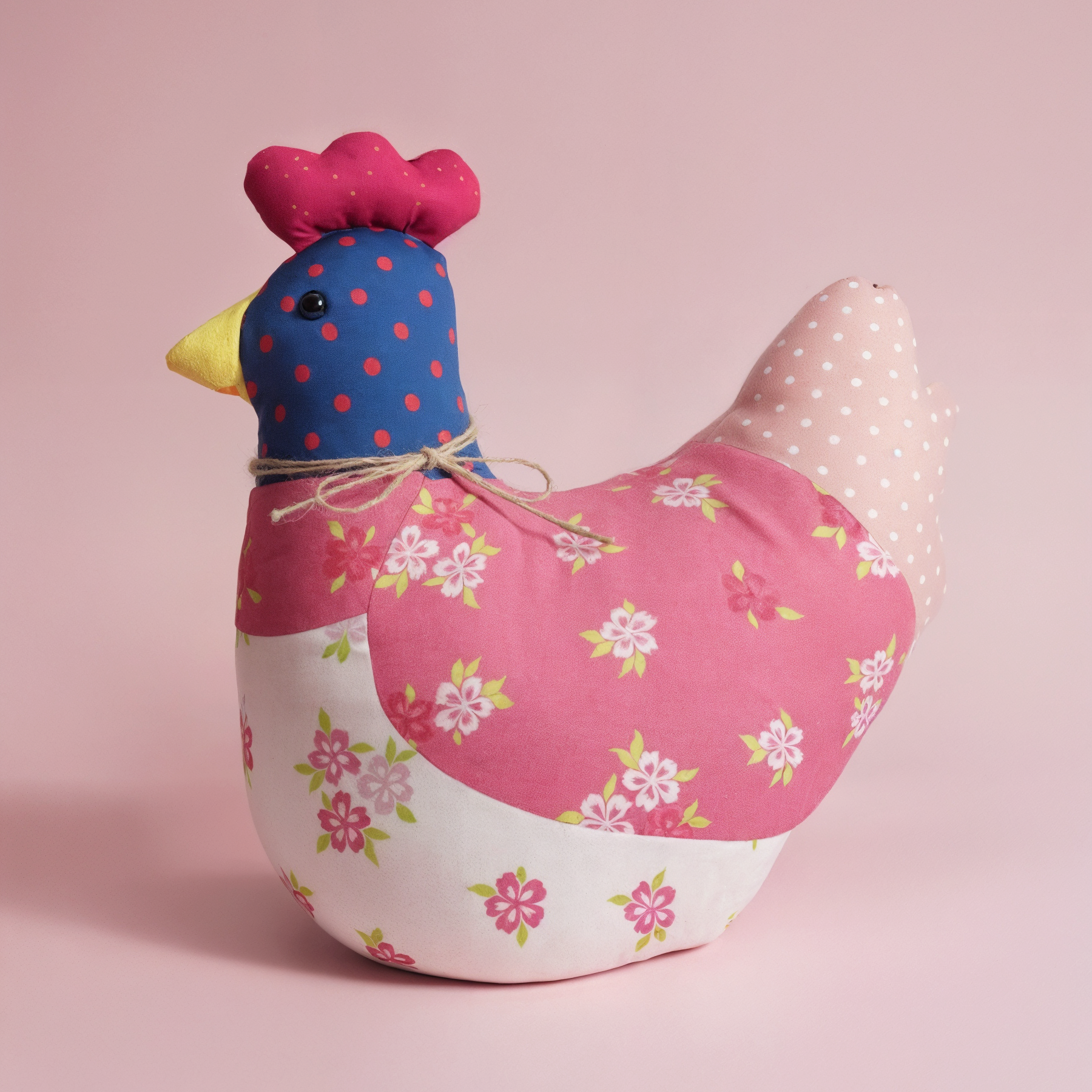 Henrietta the Hen Downloadable PDF Quilt Pattern features a fabric chicken design with a blue head, red comb, yellow beak, and pink floral-patterned body—great for introducing kids to farm animal quilting. Pink background included.