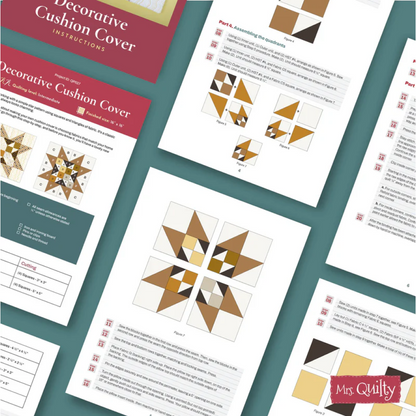 The Decorative Cushion Cover Downloadable PDF Quilt Pattern includes a star block diagram, step-by-step assembly instructions, and cutting guides for making a stylish decorative cushion cover.