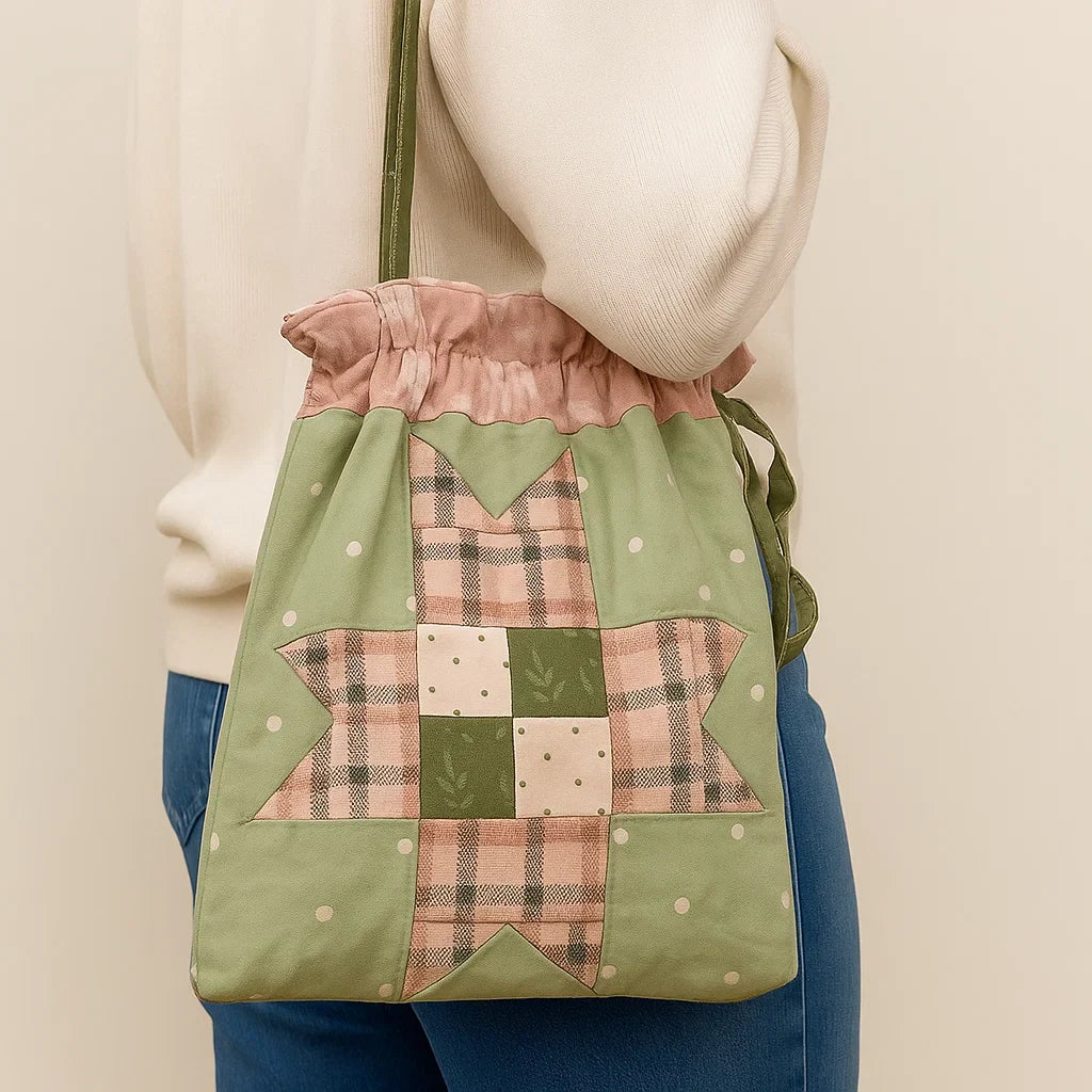 A person in blue jeans and a cream sweater carries a green and pink drawstring tote bag made using the Drawstring Tote Bag Quilt Downloadable PDF Quilt Pattern, featuring a patchwork star design.