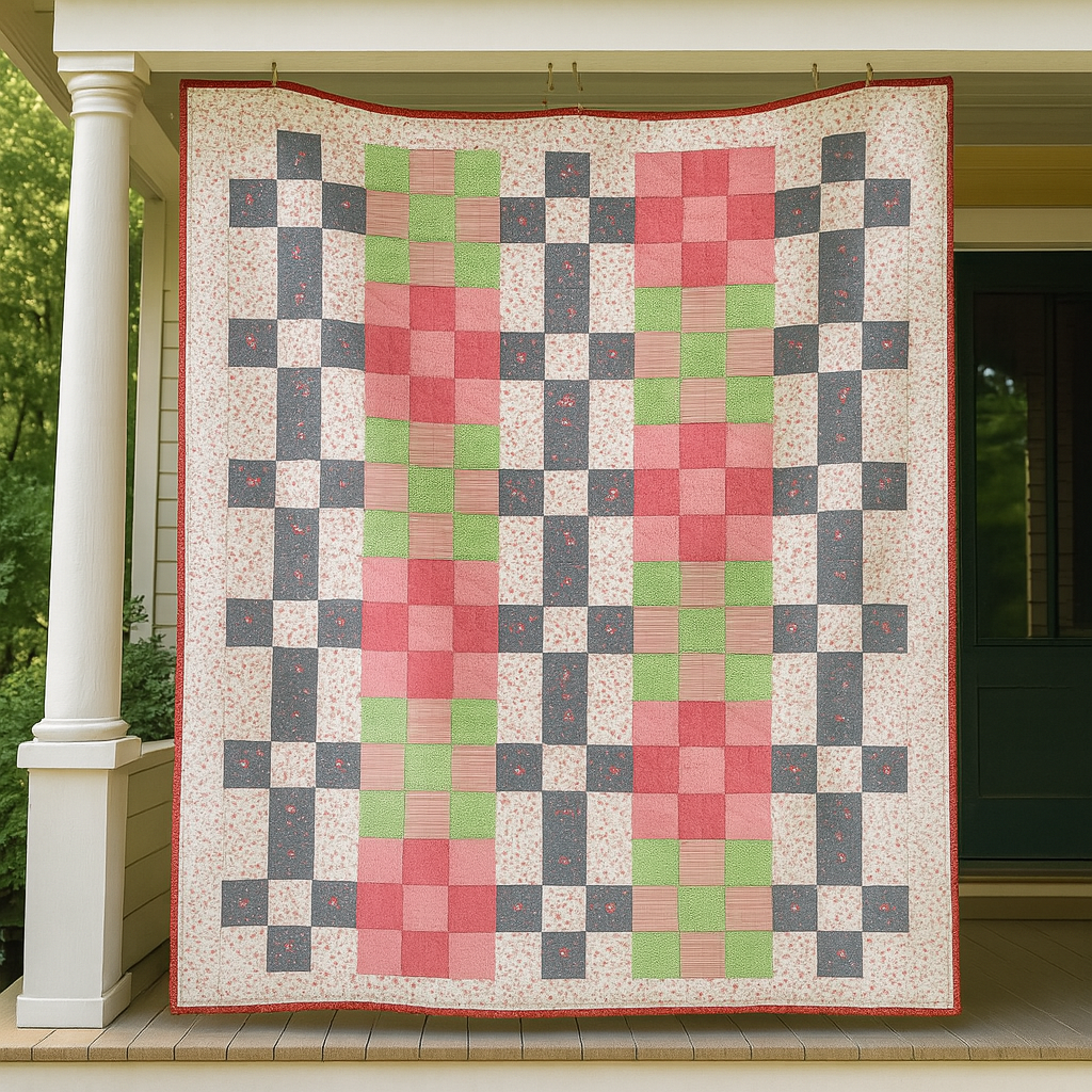 Grandma's Picnic Quilt, featuring a cozy patchwork pattern in pink, green, gray, and cream, hangs on a porch in front of a doorway. Download the PDF quilt pattern for your next project.