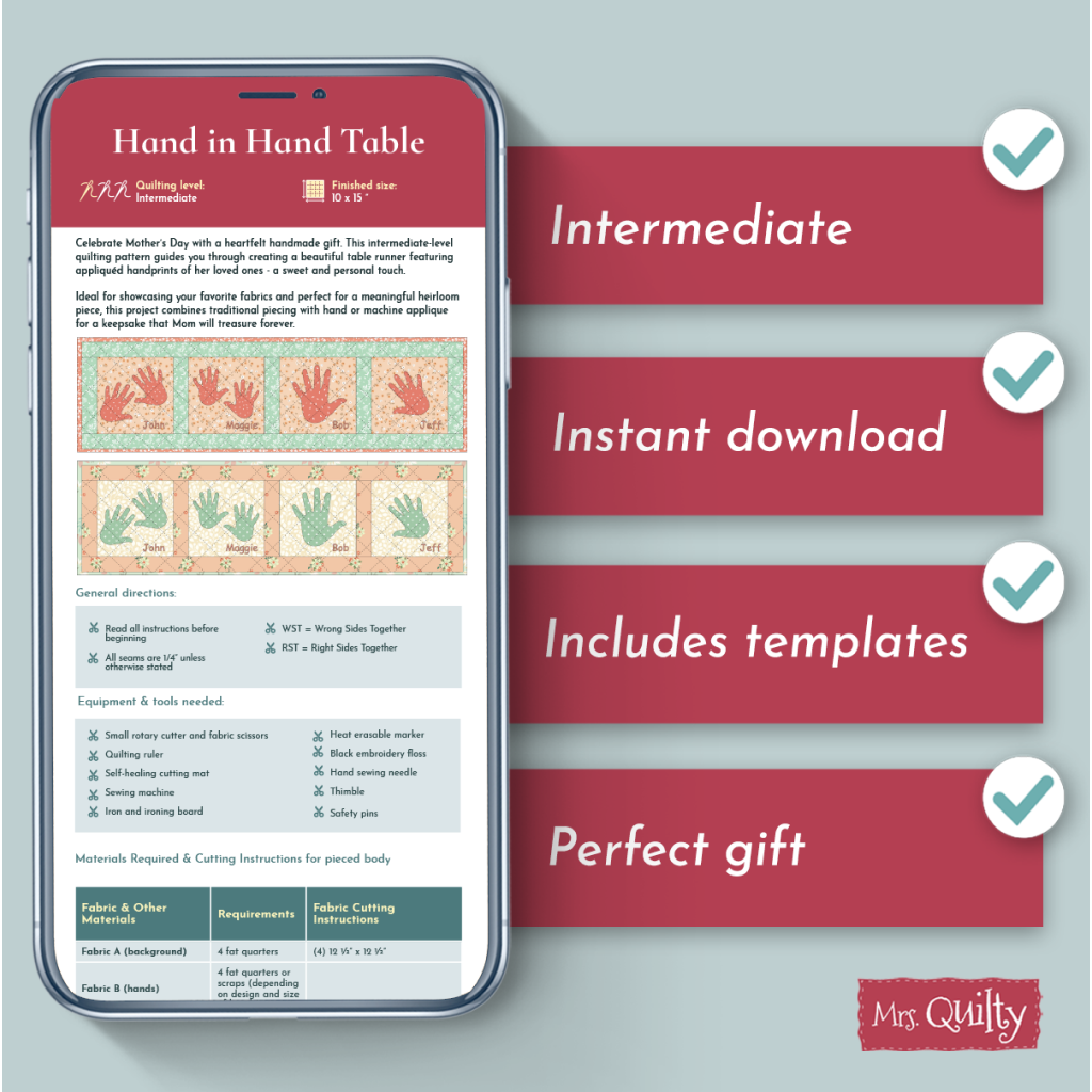 The "Hand in Hand Table Runner Downloadable PDF" is an intermediate digital quilting pattern with checklists, instant download, included templates, and is ideal for creating a cherished heirloom or perfect gift.