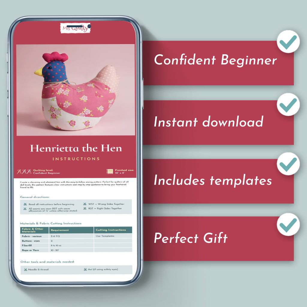 A smartphone shows the "Henrietta the Hen Downloadable PDF Quilt Pattern" with four checklists: confident beginner, instant download, includes templates, perfect gift—ideal for farm animal quilting fans.