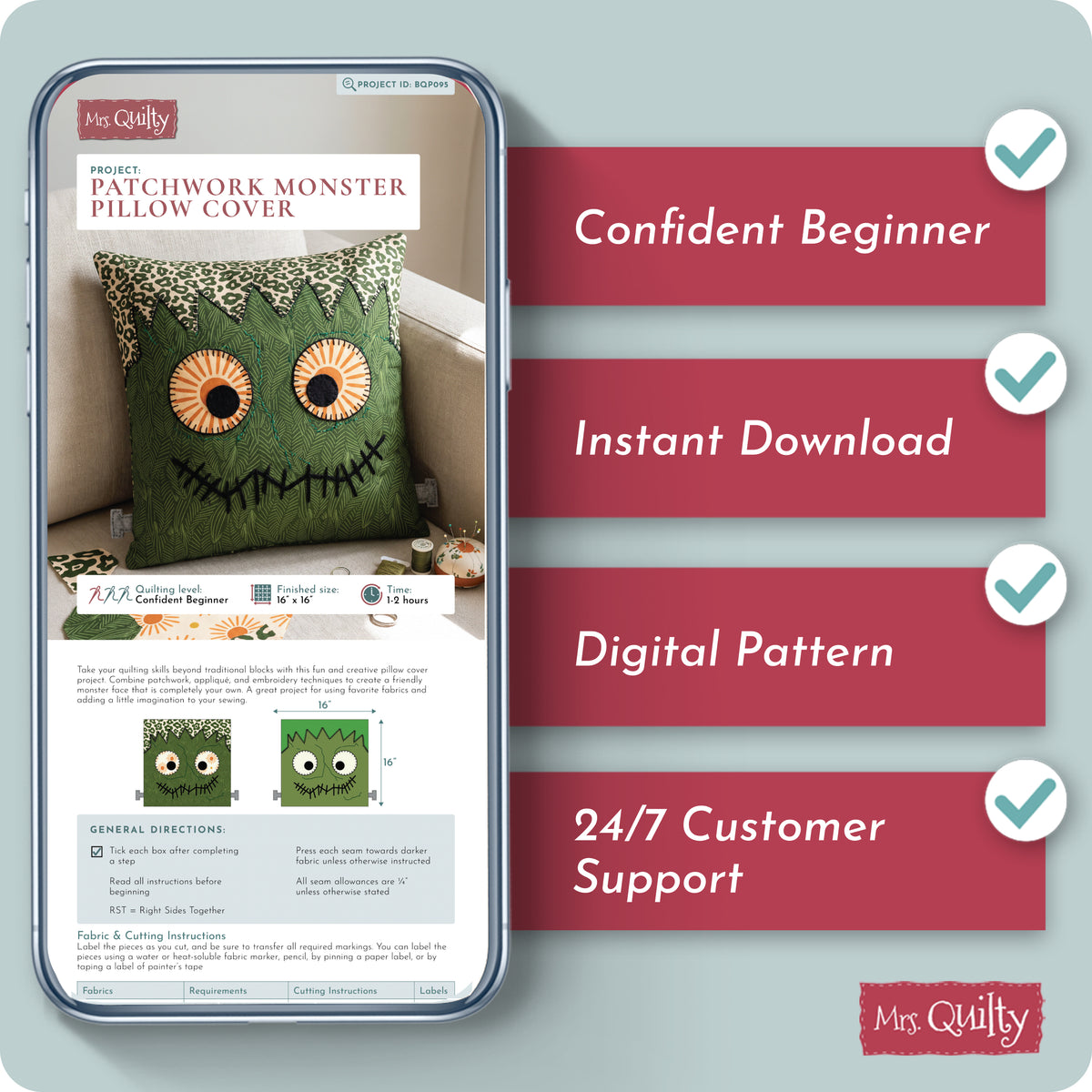 Patchwork Monster Pillow Cover Digital PDF Cover