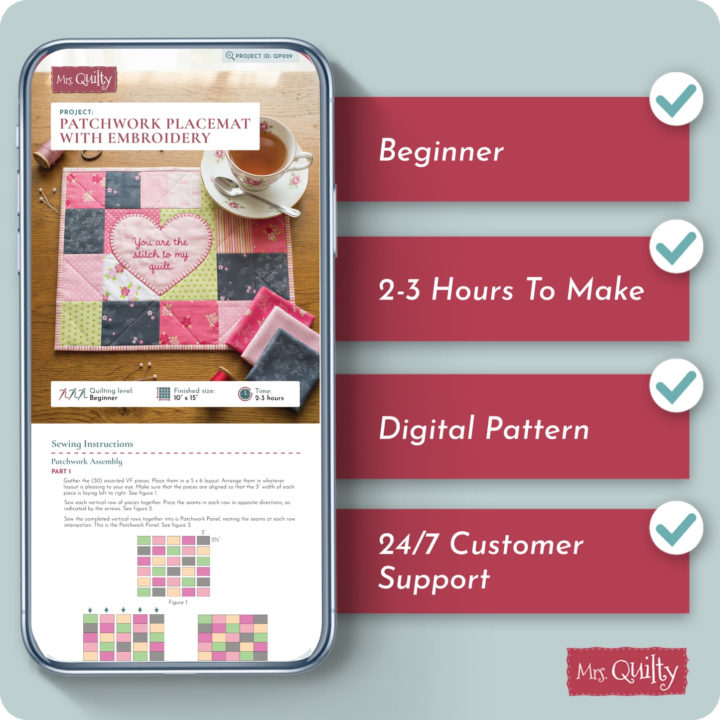 Patchwork Placemat with Embroidery Digital PDF Pattern
