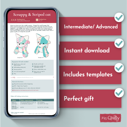 A phone displays the Katie the Kitten Downloadable PDF Quilt Pattern; checkmarks highlight features like intermediate quilting skills, instant download, templates, and suitability as a perfect gift.