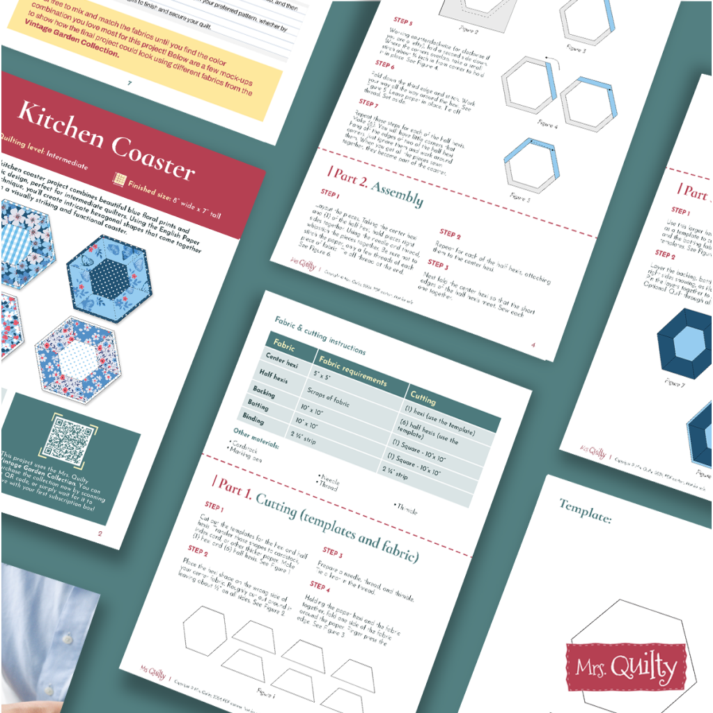 The Kitchen Coaster Downloadable PDF Quilt Pattern includes instructional pages with geometric designs, English Paper Piecing diagrams, fabric cutting guides, assembly steps, and features the Mrs. Quilty logo.