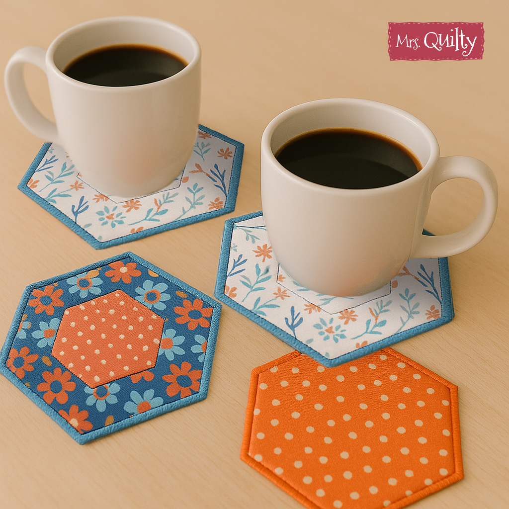 Two white mugs stand on hexagonal fabric coasters with floral and polka dot patterns, made using the Kitchen Coaster Downloadable PDF Quilt Pattern. The Mrs. Quilty logo appears above, ideal for fans of English Paper Piecing.