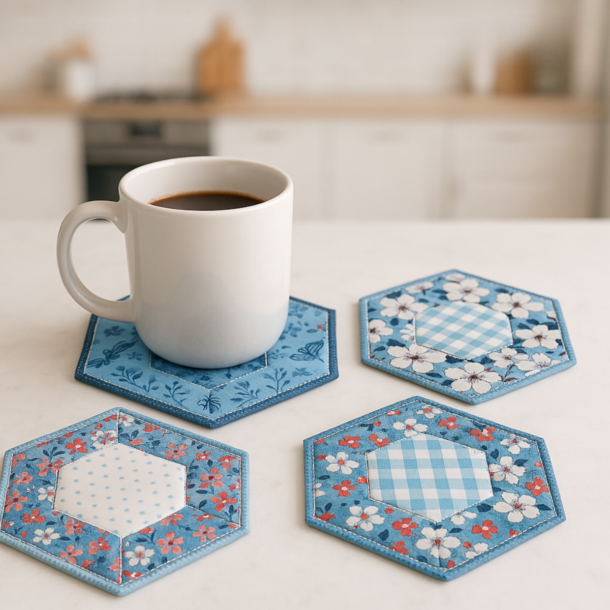 A white coffee mug sits on a blue hexagon coaster, with three more patterned coasters—made from the Kitchen Coaster Downloadable PDF Quilt Pattern—displayed nearby on the kitchen counter.
