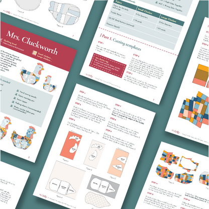 Several pages from the Mrs. Cluckworth Downloadable PDF Quilt Pattern are displayed, showing illustrated instructions, diagrams, templates, and a materials list for creating a charming chicken quilt with farmhouse appeal.